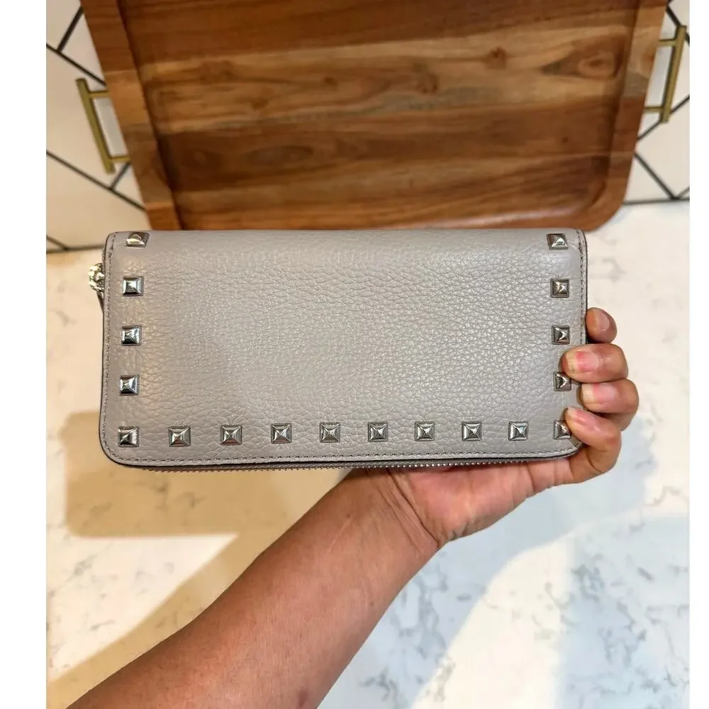 Michael Kors Gray Studded Jet Set Continental Wallet clutch textured leather